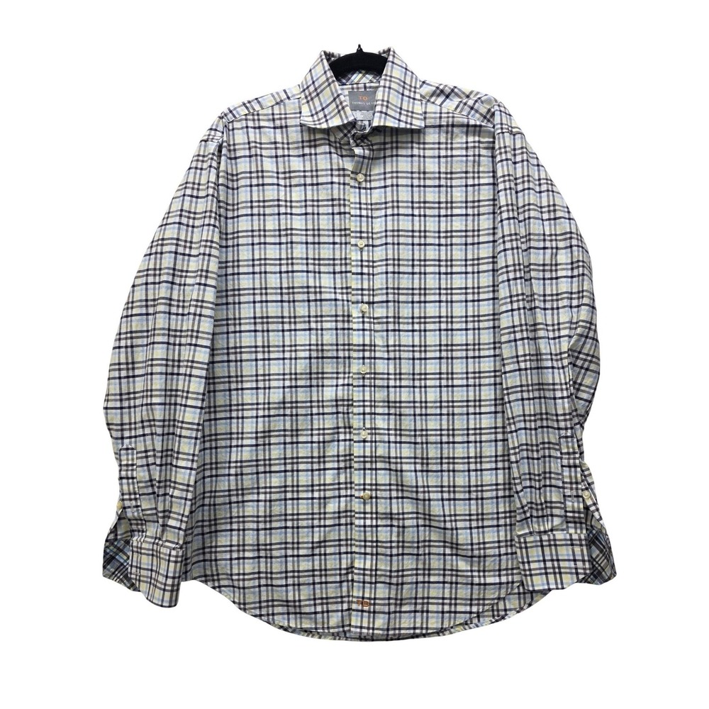 Thomas Dean Mens Large Blue Yellow Plaid Cotton Long Sleeve Button Down Shirt